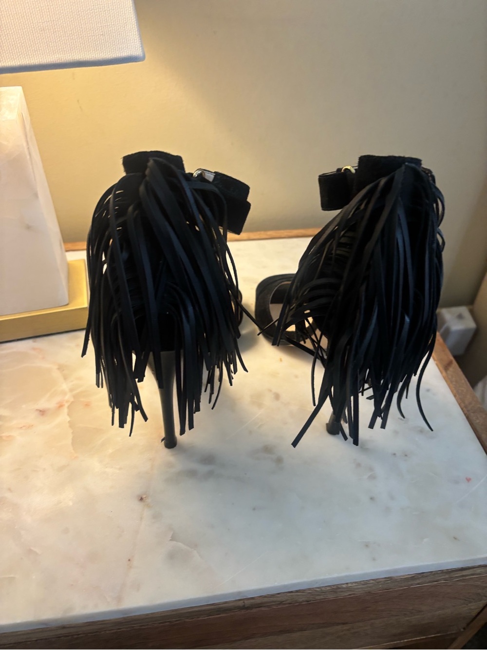 Nine West Black Fringe Stiletto Sandals